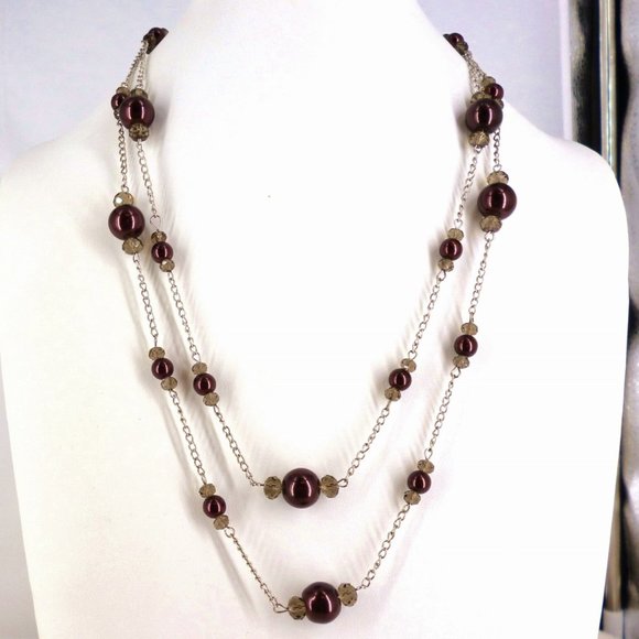 Nolan Miller Burgundy Necklace Shell Pearls & Crystals 49" 1980s NWOT Perfect - Picture 4 of 4
